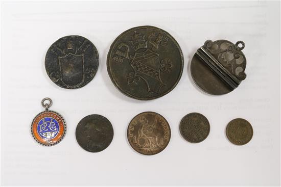 A Victoria one penny 1879, AUNC and a collection of bronze medals, coins and tokens, Dia 55mm (largest)